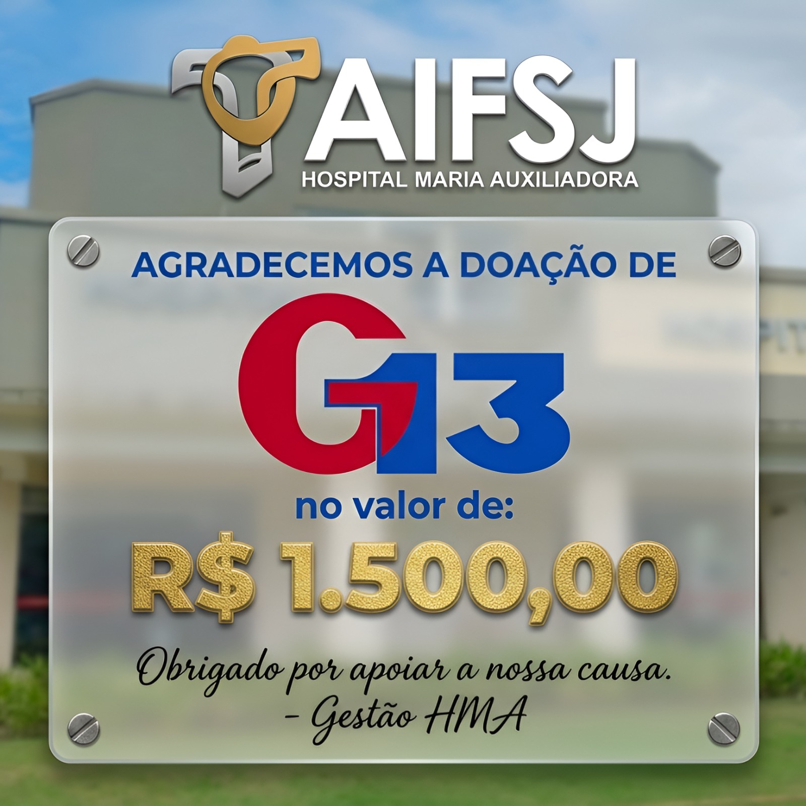 Foto da notícia: Empresa G13 realiza doação de R$ 1.500 ao HMA